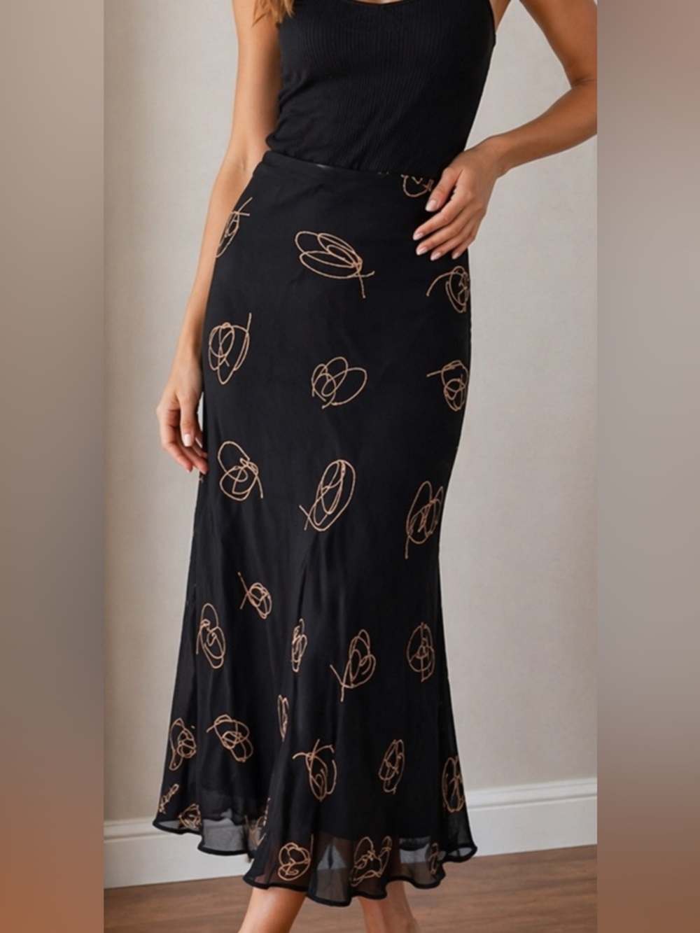 Lapis Los Angeles Black Sheer Midi Skirt L Abstract Print Lined Pull On 37in